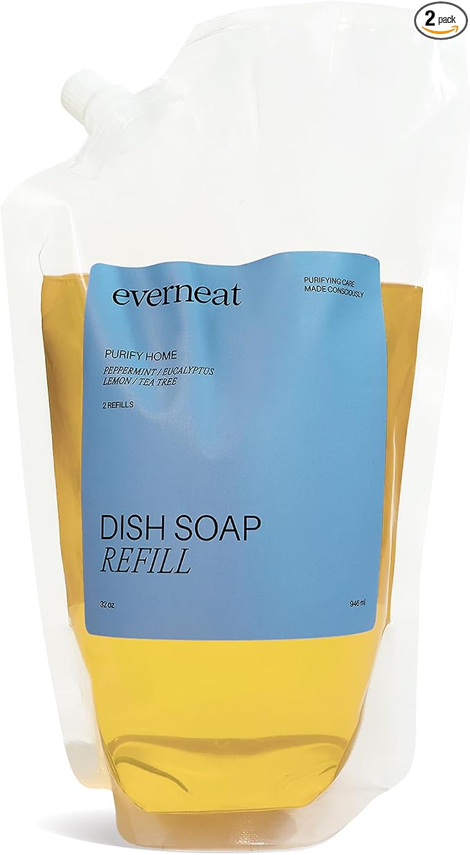 Everneat Liquid Dish Soap Refill | Plant-Based Non-Toxic Dishwashing Liquid with Enzymes | Grease-Cutting Kitchen Soap | 2 refills 16oz – Purify (Herbal)