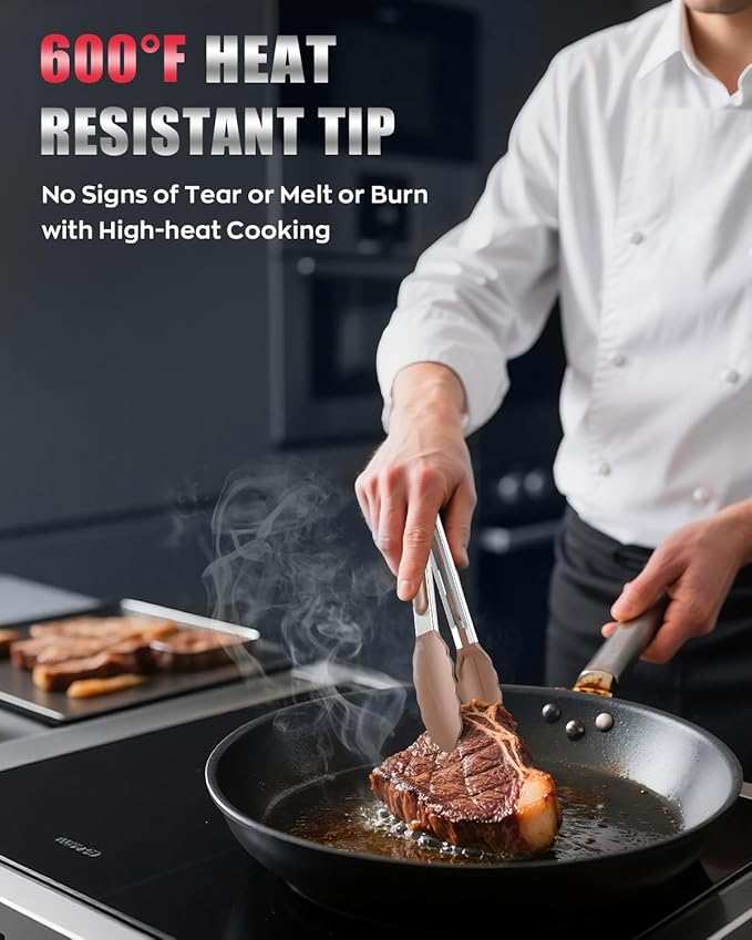 600ºF Heat Resistant Kitchen Tongs, Premium Locking Cooking Tongs - Image 2