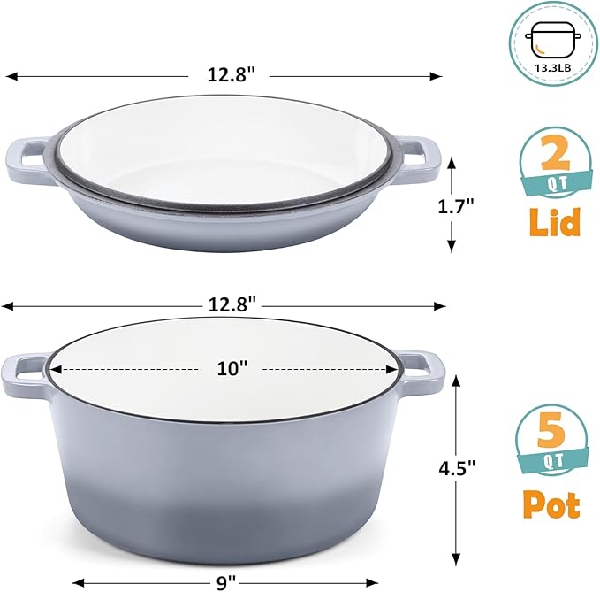 TeamFar 5 Quart Enameled Cast Iron Dutch Oven, 2-In-1 Dutch Oven Pot Cookware - Image 2