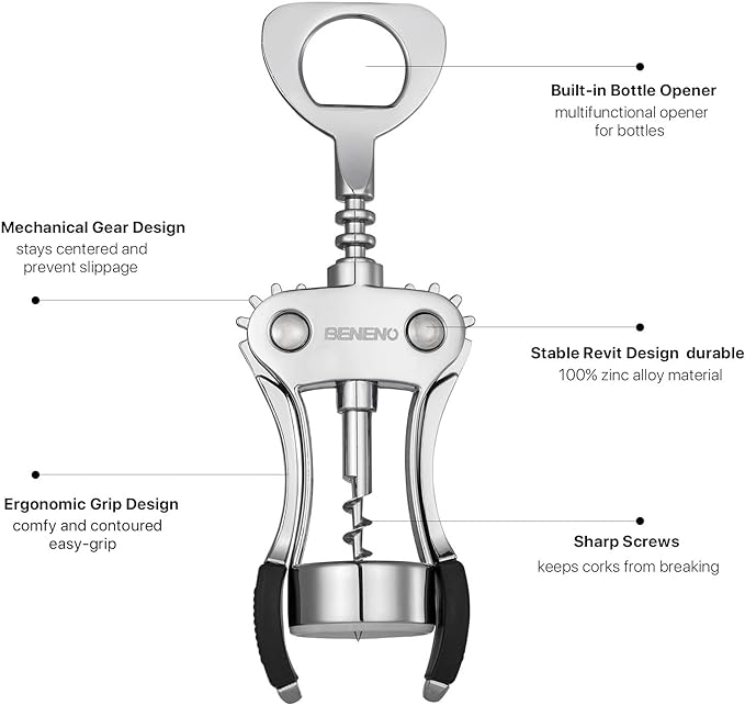 Beneno Wine Opener with Silicone Leak Proof Wine Vacuum Stopper, Zinc Alloy - Image 2