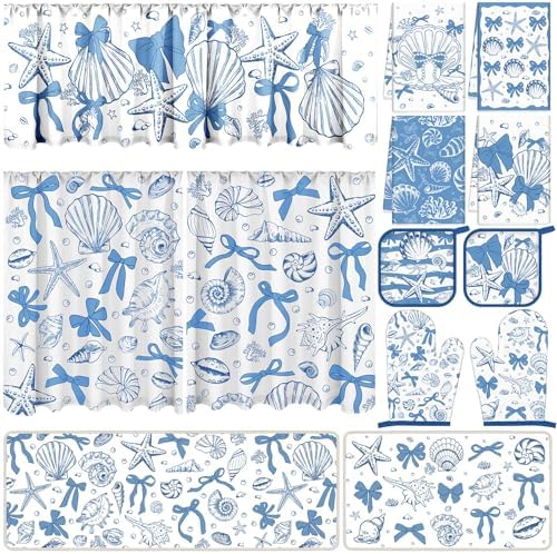 13 Pcs Beach Kitchen Decor Set 3 Seashell Kitchen Curtains Valance 2 Blue Bow Rugs and Mats 4 Coastal Hand Towels 2 Pot Holders 2 Oven Mitts for Summer Home Decor Cooking Grilling Housewarming Gift