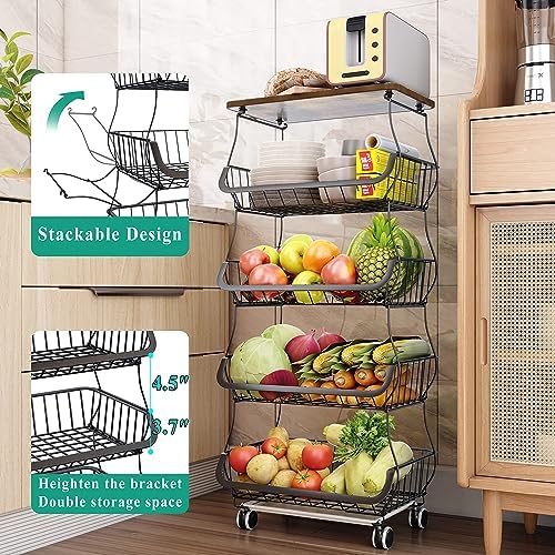 SAYZH 5-Tier Fruit and Vegetable Basket Stand for Kitchen, Wood Top, Black