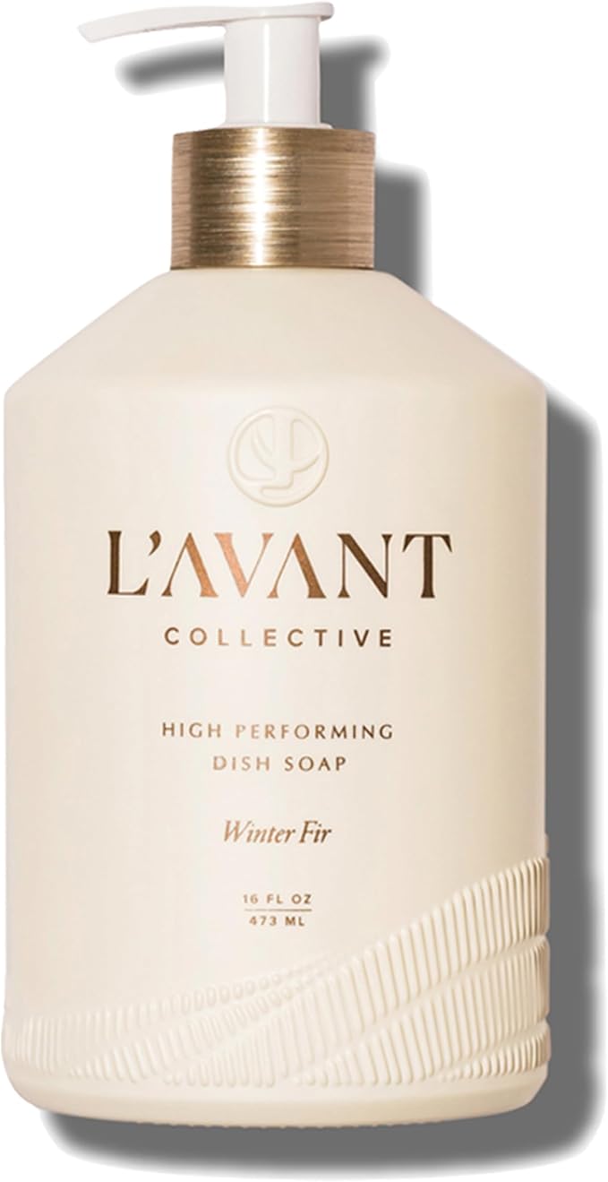 L'AVANT Collective The Ultimate Dish Wash Duo, Natural Luxury Dish Soap 16 Fl Oz with Refillable Glass Pump Bottle & 2 Loofah Dish Sponges for Pots, Pans, Dishes and Kitchen Cleaning, Winter Fir