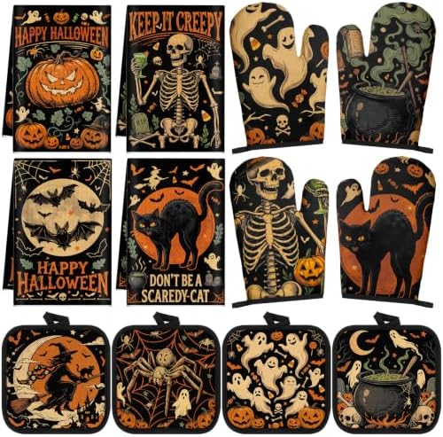 Teenyyou 12PCS Vintage Halloween Kitchen Decor, Towels Oven Mitt Pot Holder