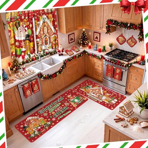 13 Pcs Gingerbread Man Kitchen Set, Towel Rug Valance Mitts
