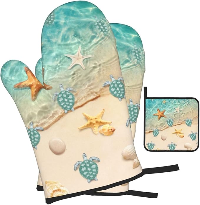 Sea Turtles Beach Oven Mitts and Pot Holders Sets of 3 Nautical Kitchen Decor - Image 2