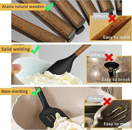 Silicone Cooking Utensil Set, Umite Chef 8-Piece Kitchen Utensils Set with Natural Acacia Wooden Handles,Food-Grade-Silicone Kitchen Gadgets Spatulas Set for Nonstick Cookware- Black