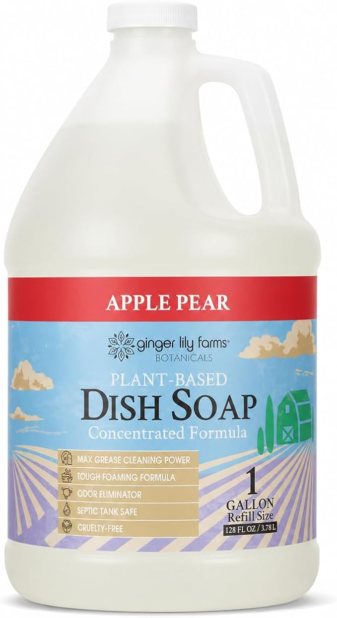 Ginger Lily Farms Botanicals Plant-Based Liquid Dish Soap, Concentrated Formula with Max Grease Cleaning Power, Cruelty-Free, Apple Pear Scent, 1 Gallon Refill (128 Fl. Oz.)