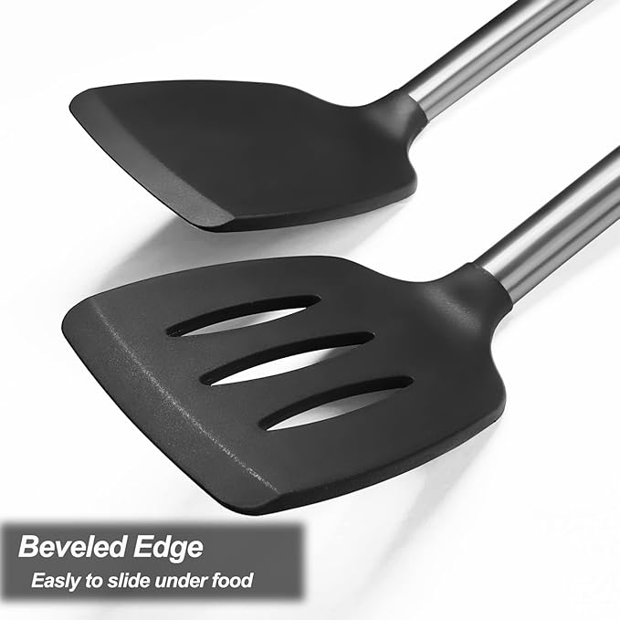 2 Pack Spatulas, Solid & Slotted Silicone Spatula Set, Stainless Steel Handle - Image 7