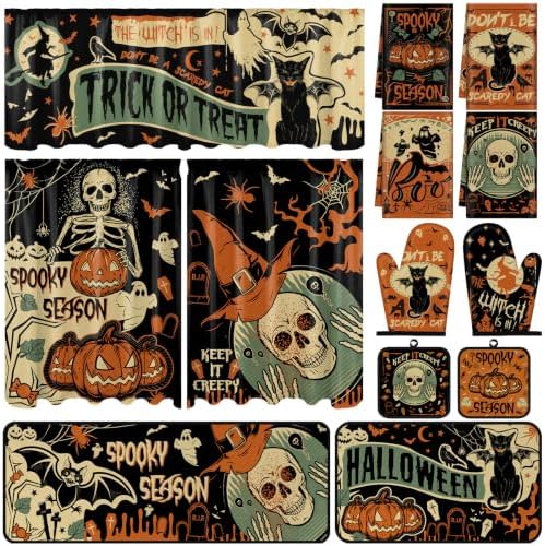 13 Pcs Vintage Gothic Halloween Kitchen Decor, Kitchen Rugs Curtains Set