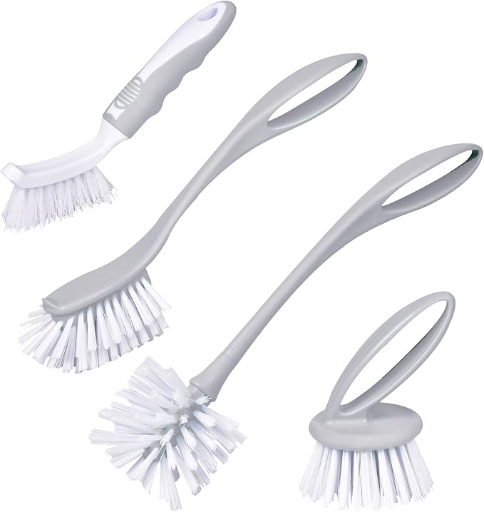 Dish & Bottle Brush Set, 4-Piece Kitchen Cleaning Brushes, Plastic Handles by Perastra
