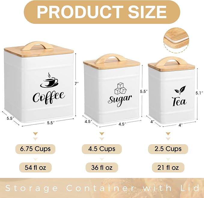 Maxdot 3 Set Coffee Sugar Tea Containers, Square Airtight Kitchen Canisters - Image 2
