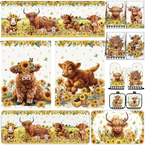 13 Pcs Sunflower Highland Cow Kitchen Curtains Valance Decor Set