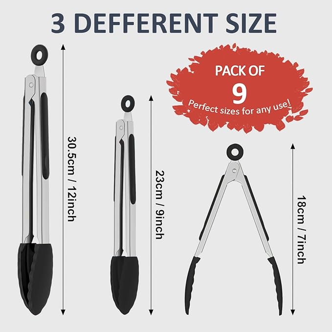 9 Pieces Silicone Tongs for Cooking 7, 12 inches Kitchen Tongs - Image 2