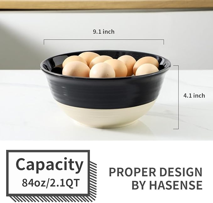 HASENSE Large Ceramic Serving Bowls Set of 2, 84 Oz 9 Inch Black & Beige - Image 3