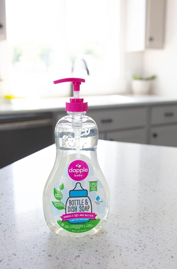Dapple Baby Dish Bundle Includes Baby Bottle & Dish Liquid, Travel Size 3 Fl Oz and 16.9 Fl Oz Bottle, 2 ct., Fragrance-Free, Powered by Plants, Hypoallergenic