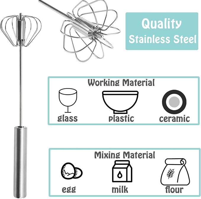 Semi-automatic Whisk, Stainless Steel Egg Beater, Hand Push Rotary Whisks Mixer - Image 3