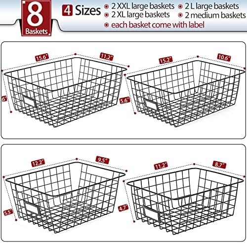 8 Set, Extra Large Wire Baskets for Organizing with Lables, Cabinet Pantry Organization and Storage Bins - Metal Basket for Kitchen, Laundry, Garage, Fridge, Bathroom Countertop Organizer, Black