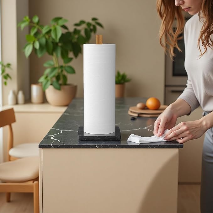 Buruis Wood Paper Towel Holder, Marble Base Modern Decorative Countertop - Image 7
