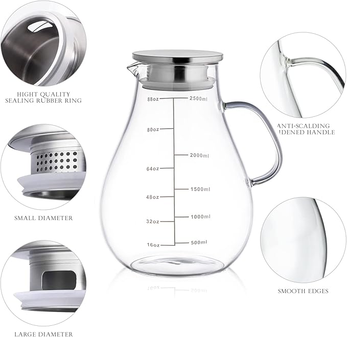 Glass Pitcher with Lid, 88 Ounces -2500ml with Precise Scale Line, Hot/Cold - Image 5