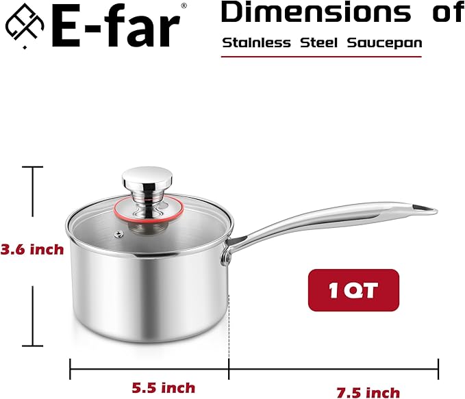 E-far 1-Quart Saucepan, Tri-Ply Stainless Steel Sauce Pan - Image 2