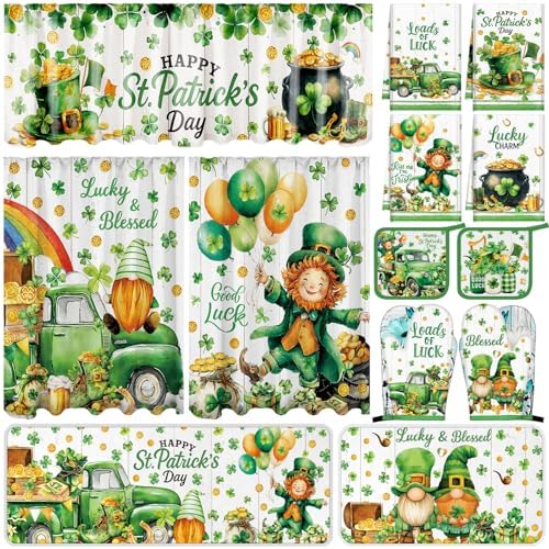 13 Pcs St. Patrick's Day Kitchen Decor Set 3 Shamrock Kitchen Curtains Valance 2 Irish Rugs and Mats 4 Hand Towels 2 Pot Holders 2 Oven Mitts for Home Decor Cooking Grilling Housewarming Gift
