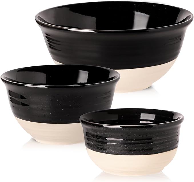 HASENSE Ceramic Mixing Bowls Set of 3, 84/40/20 Oz Black & Beige Stoneware Bowls by Hasense