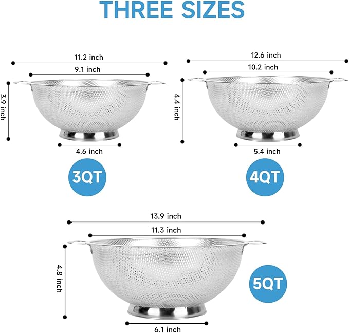 3PCS Colander for Kitchen, 3QT & 4QT & 5QT, Stainless Steel Colander Strainer - Image 2