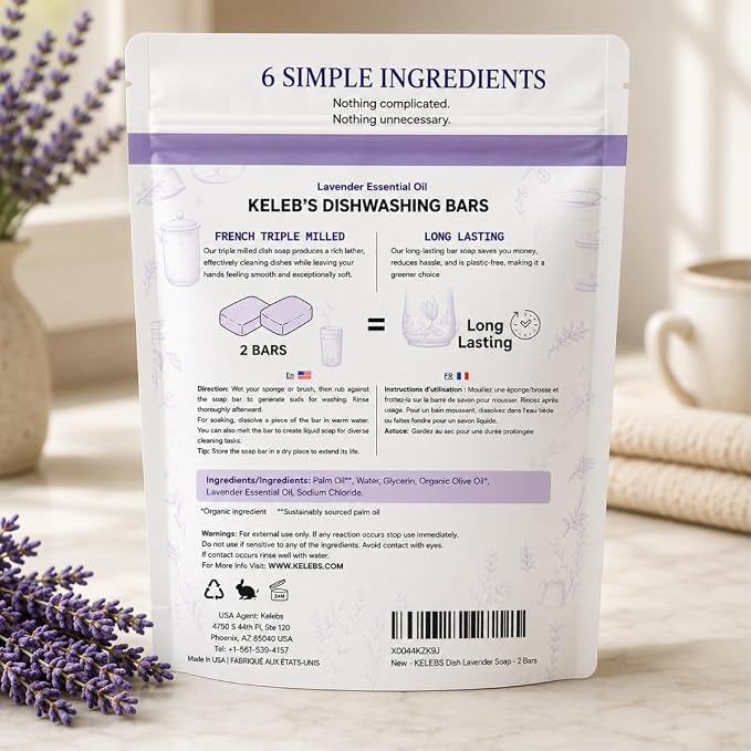 KELEBS 7 Dish Soap Bars | Lavender Essential Oil Formula | Natural & Organic Ingredients | Gentle on Hands | For Plant-Based Kitchens & Light Dishwashing | Biodegradable | No Overpour | Value Pack