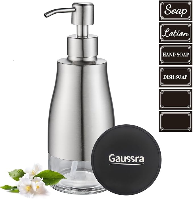 Gaussra Soap Dispenser with Coaster and Stickers, Brushed Nickel Stainless - Image 7
