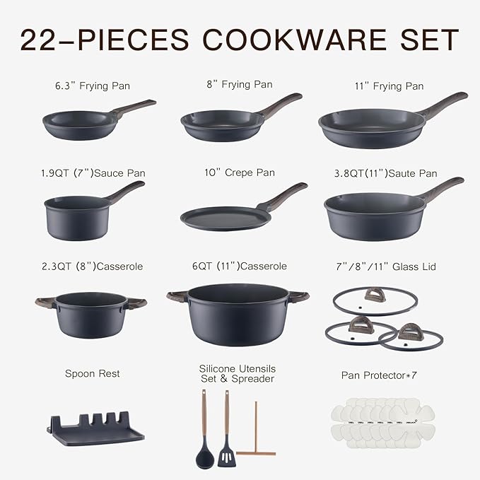 Pots and Pans Set Nonstick 22 Pcs, Ceramic cookware set Non-Toxic CoatingGray - Image 7