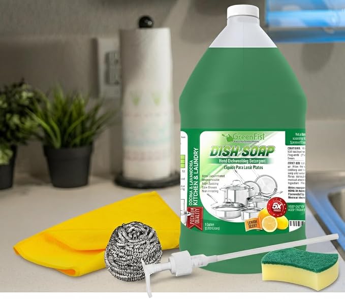 GreenFist Dish Soap Ultimate Kitchen Kit – Pump, Towel, Sponges & Scrubbers, Complete Cleaning Bundle – 1 Gallon, Lemon Scent (1 Gallon + Sponge & Towel Kit)