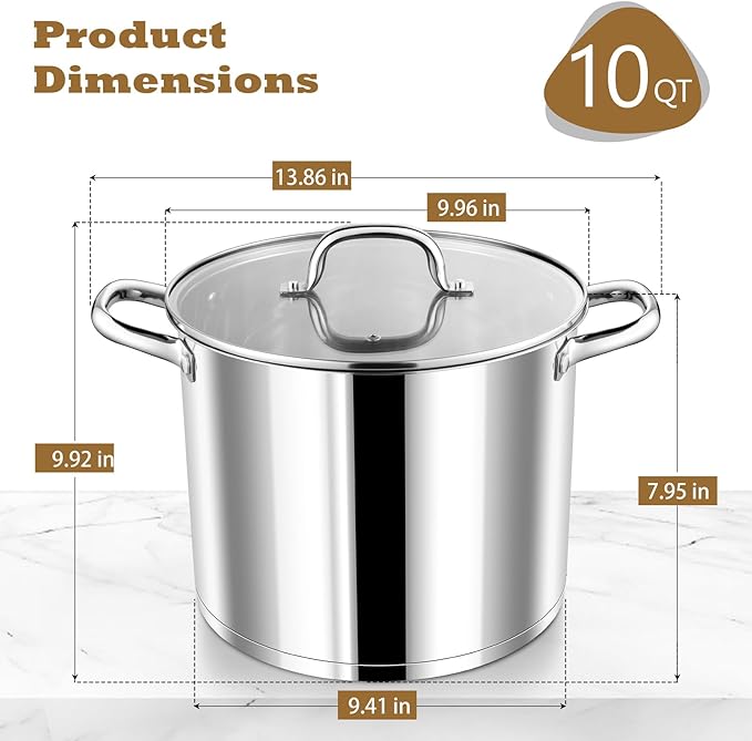 P&P CHEF 10 QT Stock Pot with Lid, Stainless Steel Large Cooking Pot, Soup - Image 2