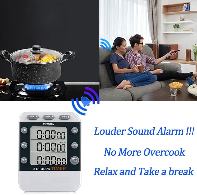 Digital Dual Kitchen Timer for Cooking, 3 Channels Count Down/up Triple Multi - Image 6