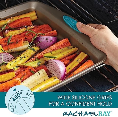 Rachael Ray 47578 Cucina Nonstick Bakeware Set with Grips Includes Nonstick Bread Pan, Baking Sheet, Cookie Sheet, Baking Pans, Cake Pan and Muffin Pan - 10 Piece, Latte Brown with Agave Blue Grips