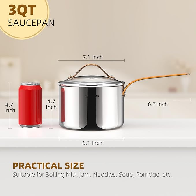 Ciwete 3 Quart Sauce Pan with Lid, Upgraded Tri-Ply Stainless Steel Saucepan - Image 2