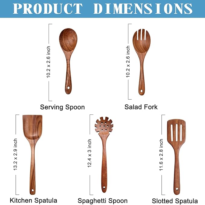 Wooden Spoons for Cooking Non-Stick Kitchen Pan Toolset 5 PCS Set, Natural - Image 4