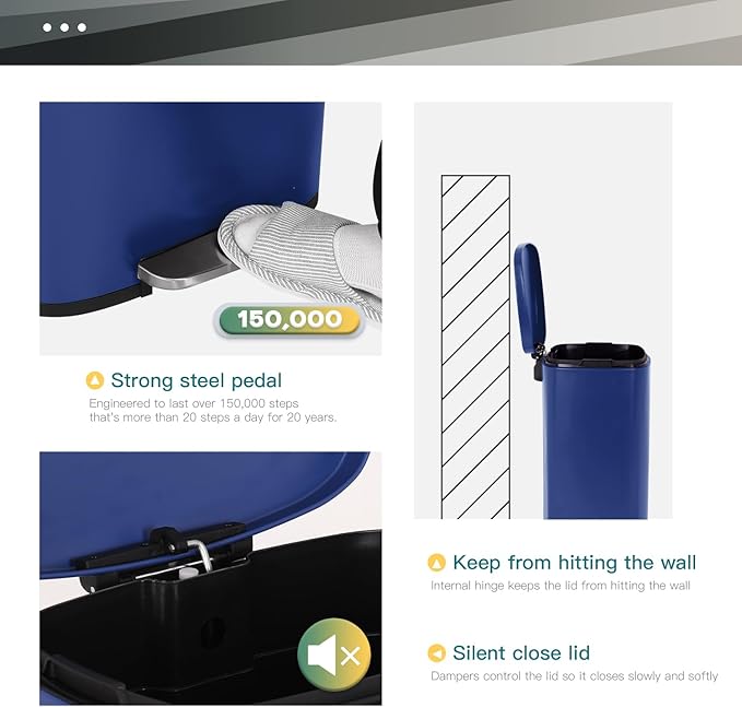 FDW | 13 Gallon Trash Can with Lid | Deep Blue | Fingerprint-Proof | Made of - Image 3