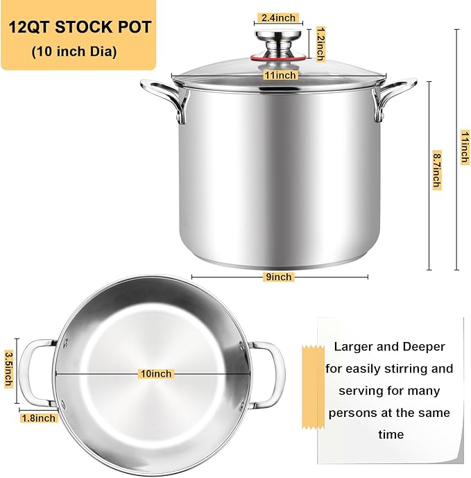 TeamFar 12 Quart Stock Pot, 18/10 Stainless Steel Large Cooking Soup Pot - Image 2