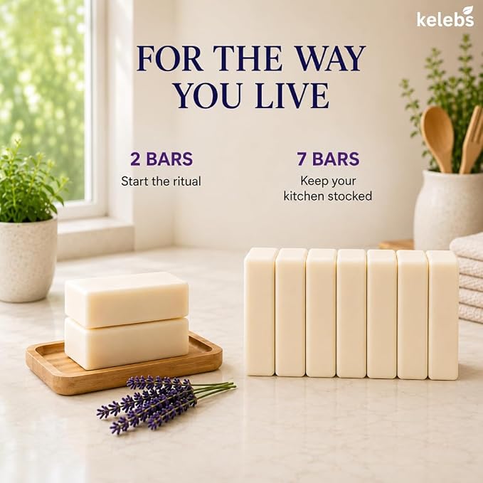 KELEBS 7 Dish Soap Bars | Lavender Essential Oil Formula | Natural & Organic Ingredients | Gentle on Hands | For Plant-Based Kitchens & Light Dishwashing | Biodegradable | No Overpour | Value Pack