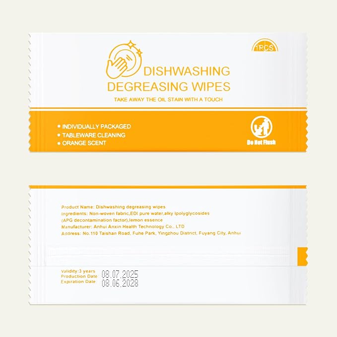 Dish Cleaning Wipes Individually Wrapped Travel Dish Soap Wipes Orange Scent 7.7”x 7.3“ Disposable Wipes Portable for Kitchen Outdoor Traveling Camping RV Quick Clean (50)