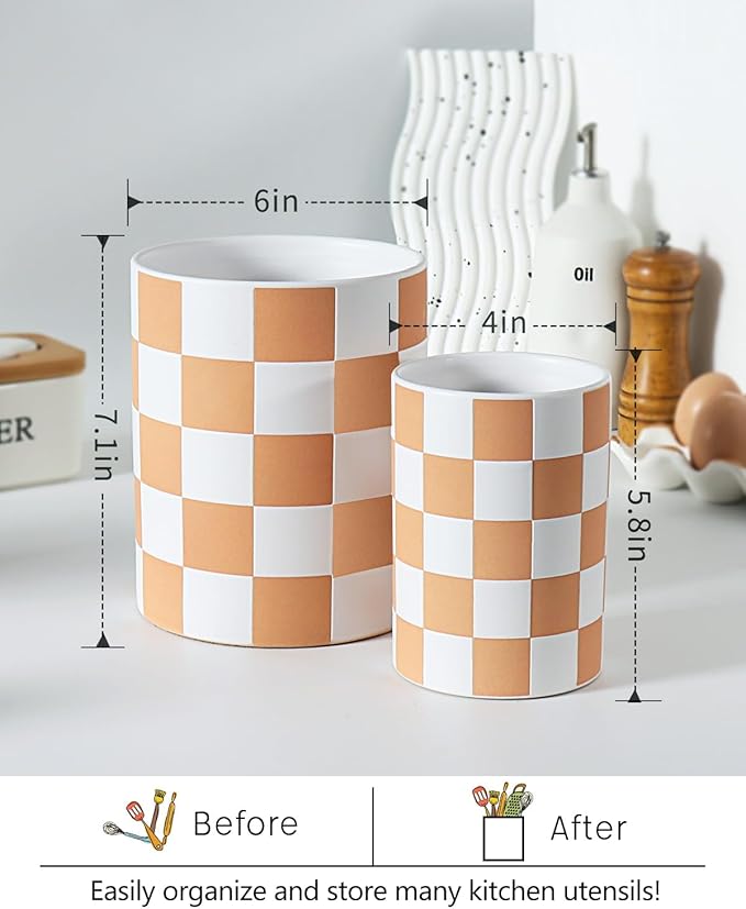 Utensil Holder，7.2 Inch Checkered Utensil Holder, Ceramic Cooking Utensil - Image 2