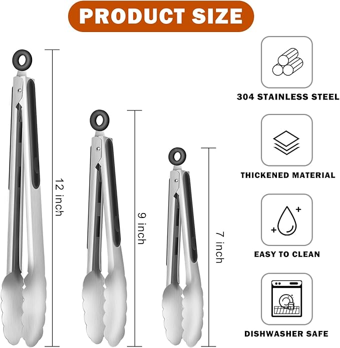 TACGEA Stainless Steel Kitchen Tongs, Silicone Non-slip Grip, Locking Grilling - Image 2