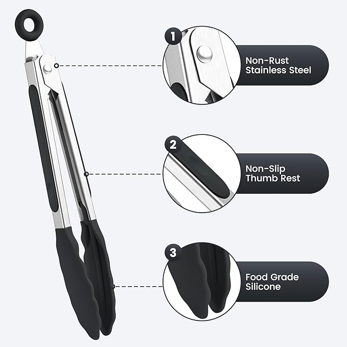 7-Inch Silicone Tongs Pack of 6, Small Stainless Steel Tongs - Image 4
