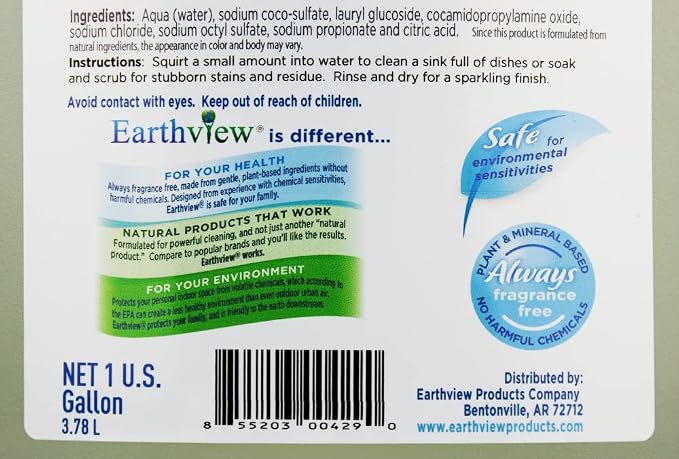 Fragrance Free, Free & Clear, Liquid Dish Soap, 128 Fl Oz (1-Gallon) |For Environmental Sensitivities (MCS, EI, free of MI, Sulfate, SLS) Sensitive Skin, Plant Based, Unscented