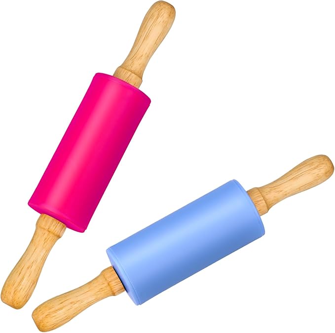 Mini Silicone Rolling Pin for Kids, Non-stick Surface Wood Handle, 9 Inch 2 Pack by Honglida