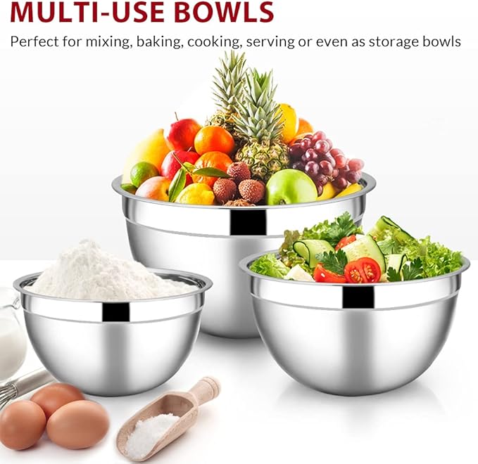 E-far Mixing Bowls with Lids Set of 5, Stainless Steel Black Mixing Bowls Metal - Image 4