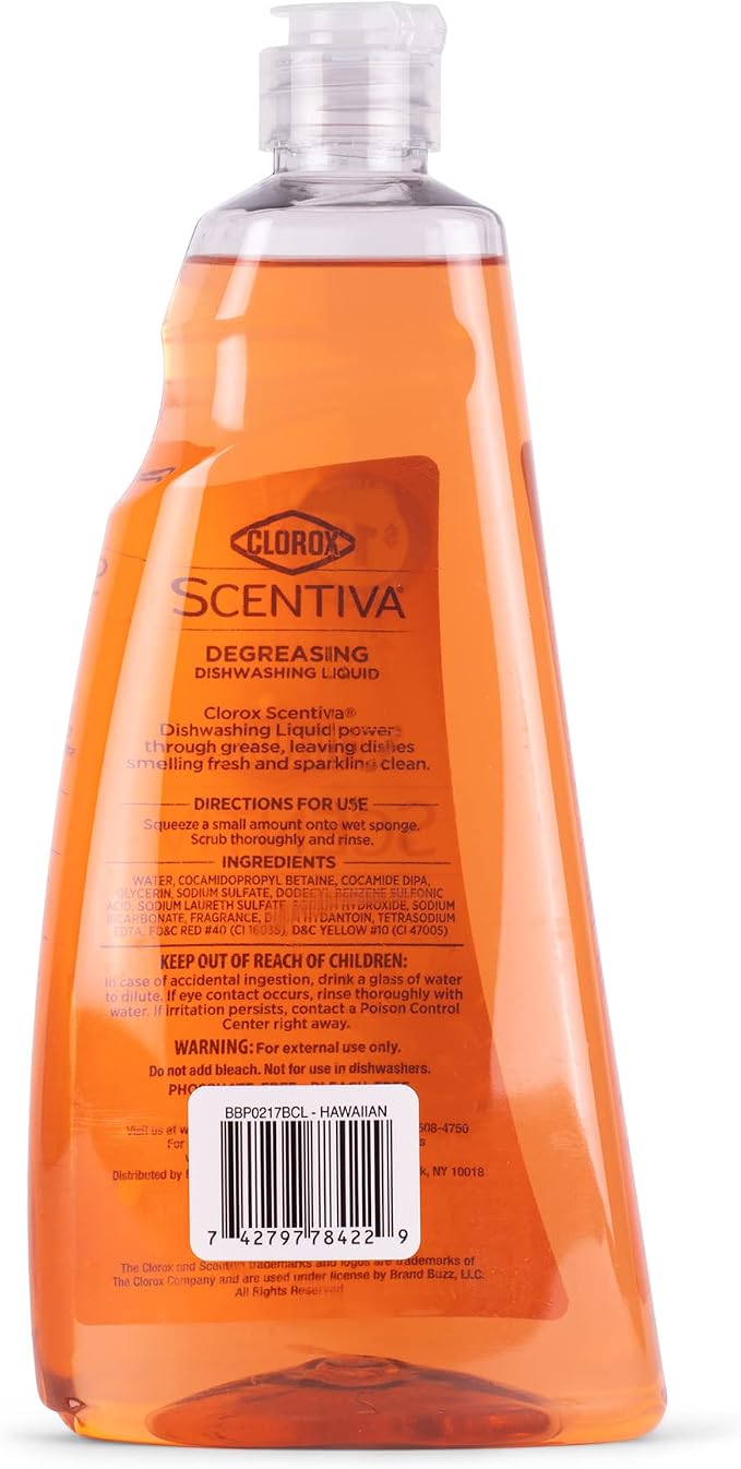 Clorox Scentiva Liquid Dish Soap, Hawaiian Sunshine Scent, Ultra-Concentrated Dishwashing Detergent, Grease Cutting Bleach-Free, 26 Fl Oz, 6 Pack