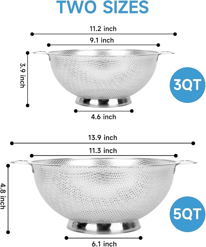 2PCS Colander for Kitchen, 3QT and 5QT, Stainless Steel Colander Strainer - Image 2