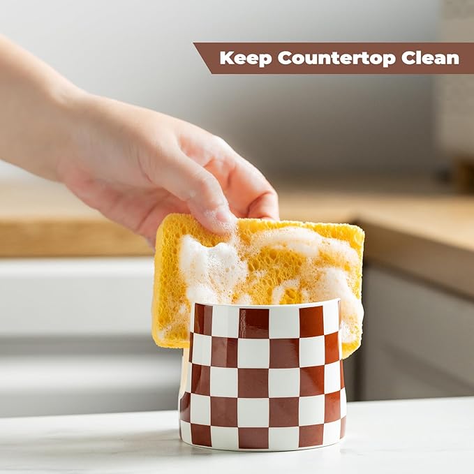 Checkered Sponge Holder for Kitchen Sink, Ceramic Dish Sponge Drying Caddy - Image 7